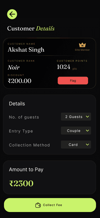 A guest's customer detail sheet with tier, points and the fee to collect