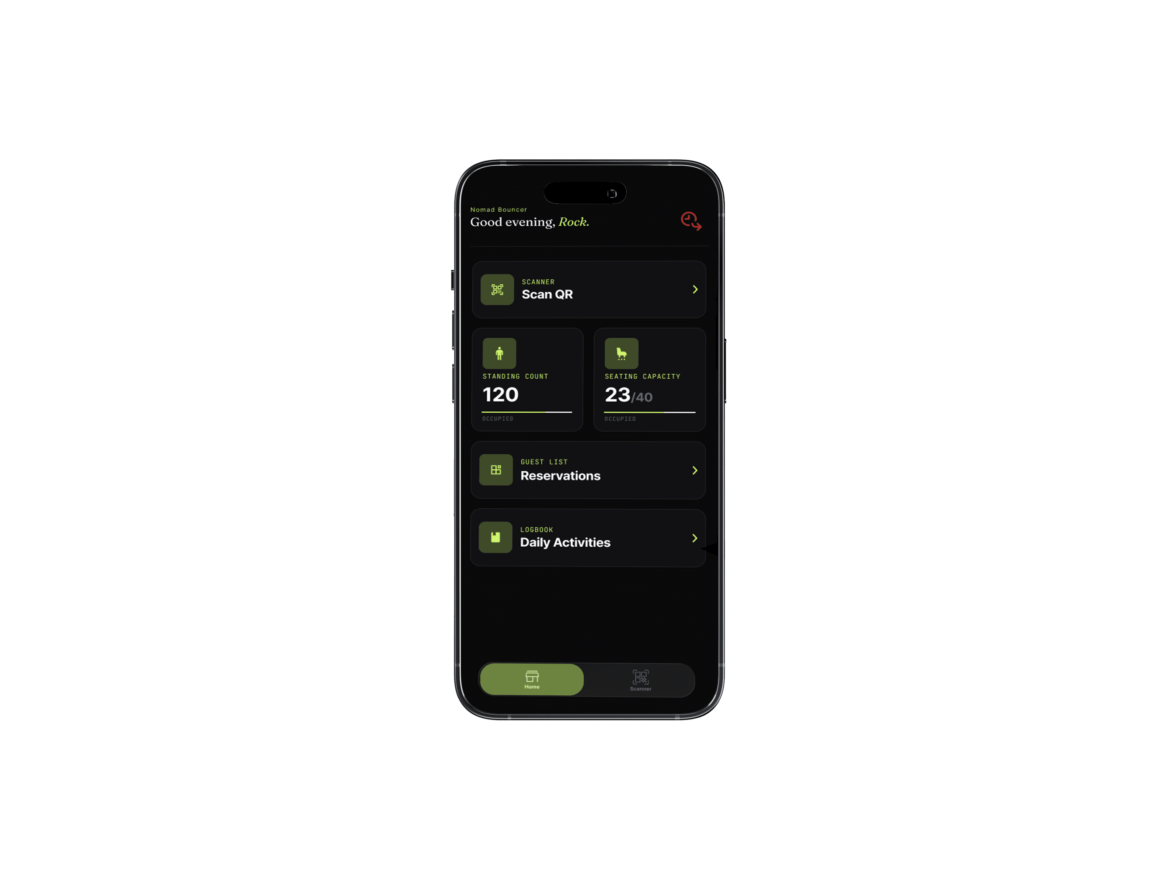 The BOUNCER door dashboard: QR scanner, standing count, seating capacity and reservations