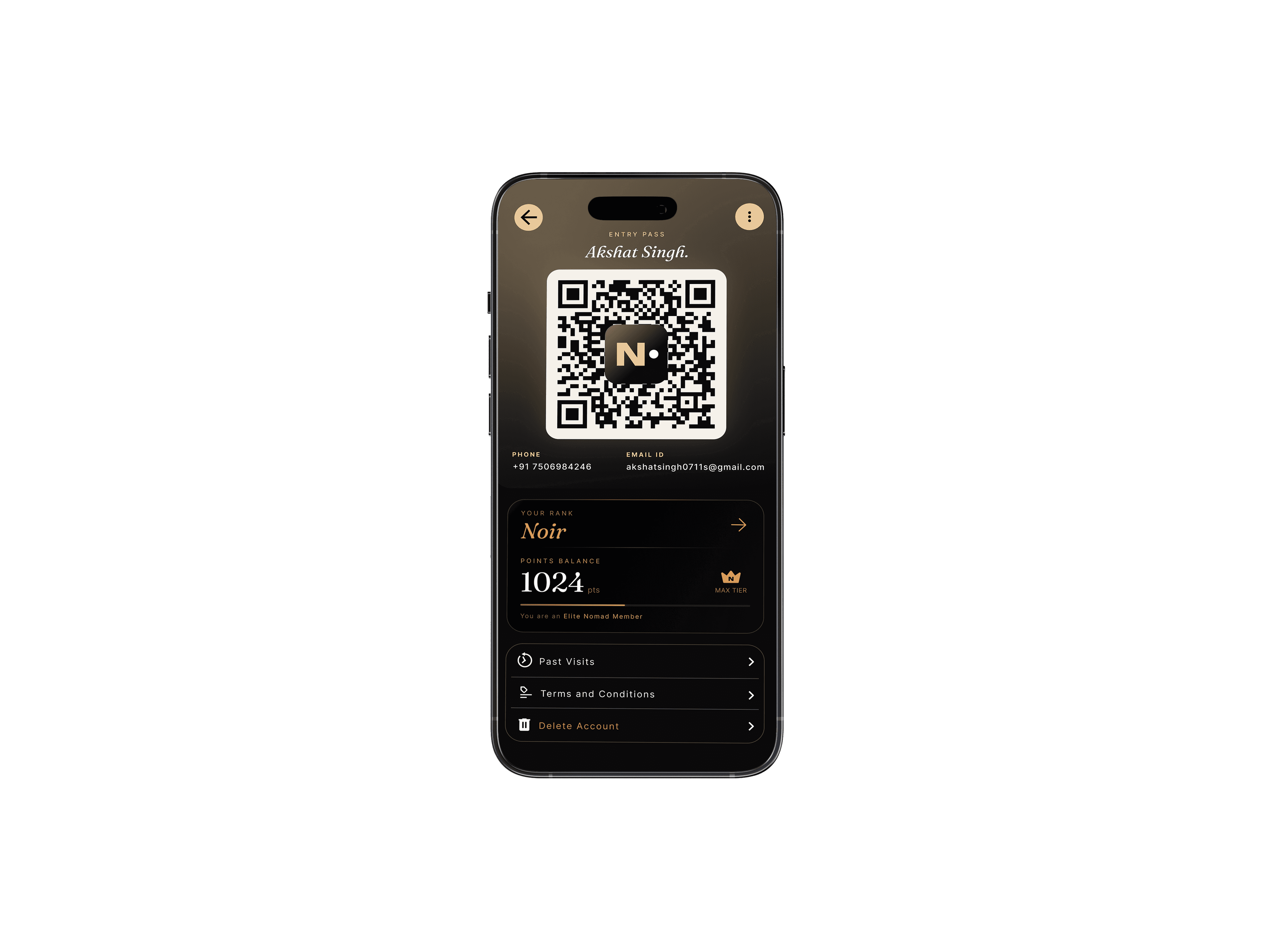The Nomad guest entry pass showing a member's QR code, rank and points balance