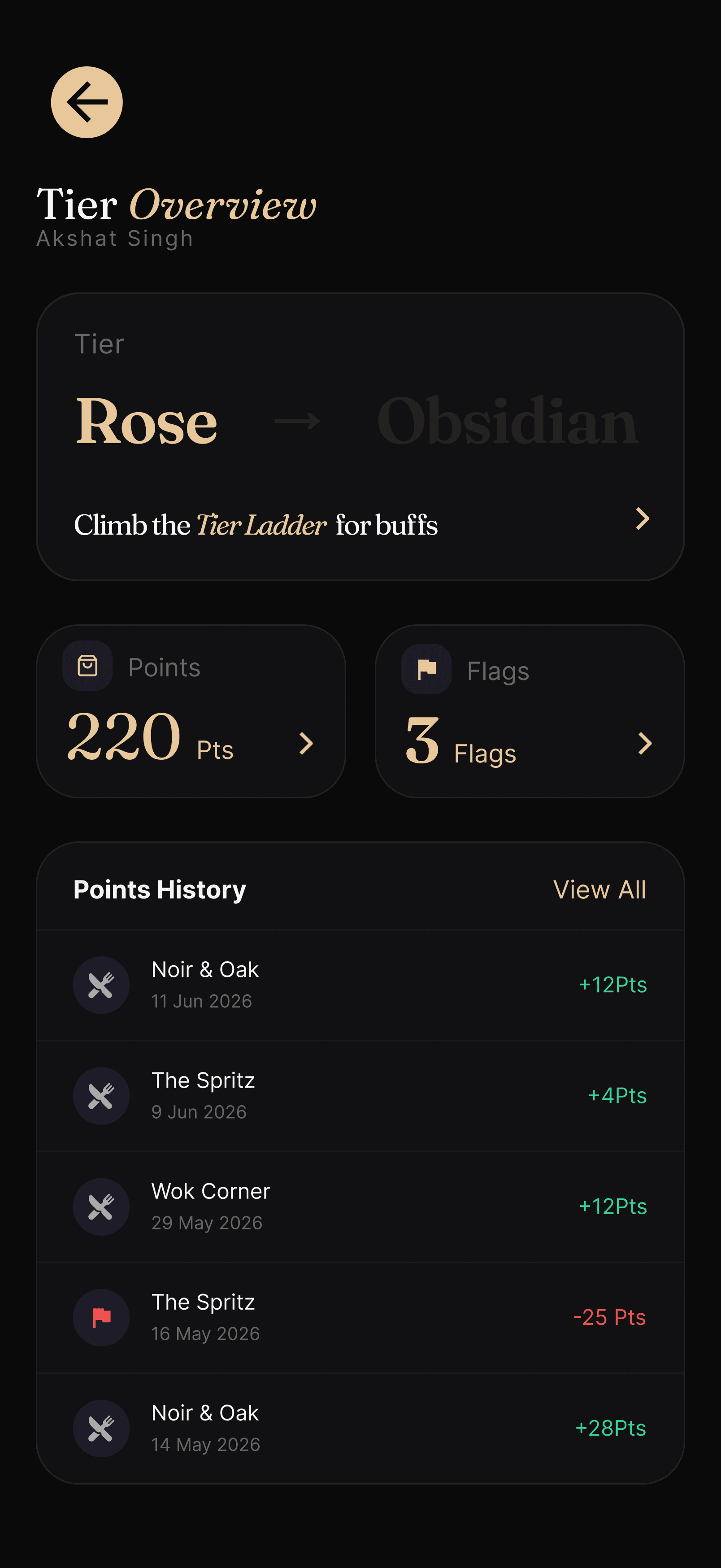 A guest's tier overview with points history