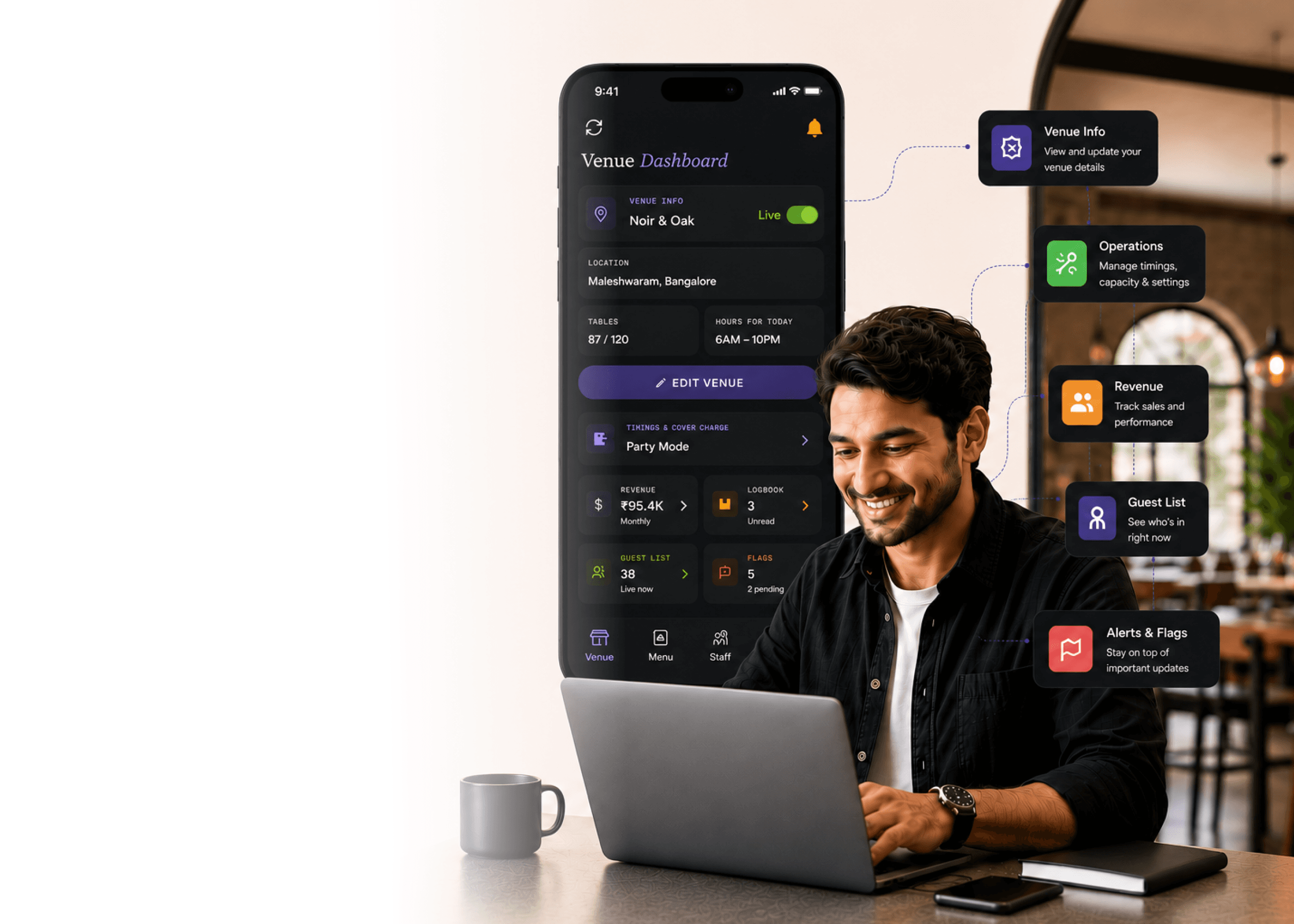 A venue manager at a laptop with the Nomad Partners dashboard on his phone, annotated with the venue info, operations, revenue, guest list and alerts panels